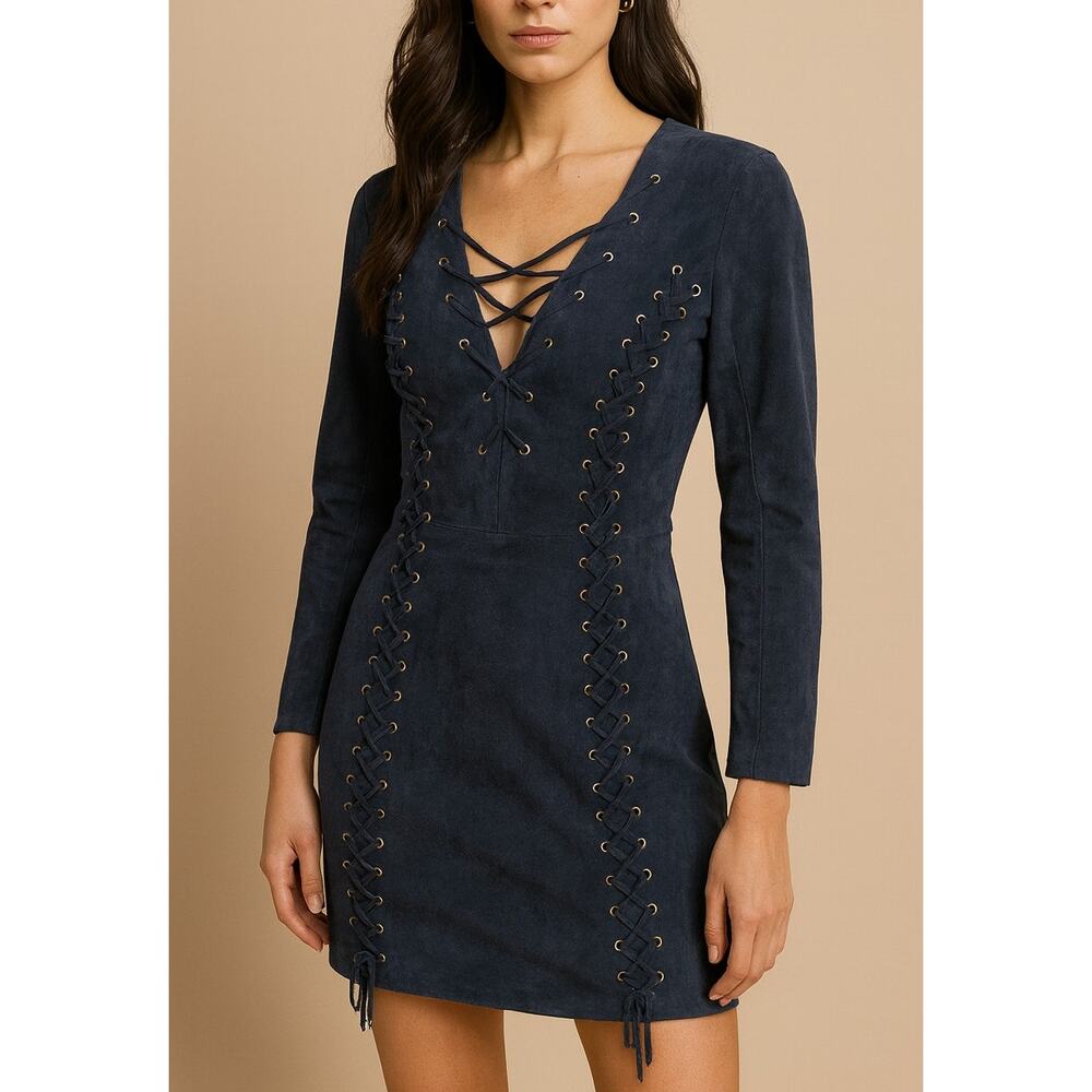 Intermix Y2K Lace Up Suede Dress Leather Small Navy Blue Biker Club Edgy Luxury